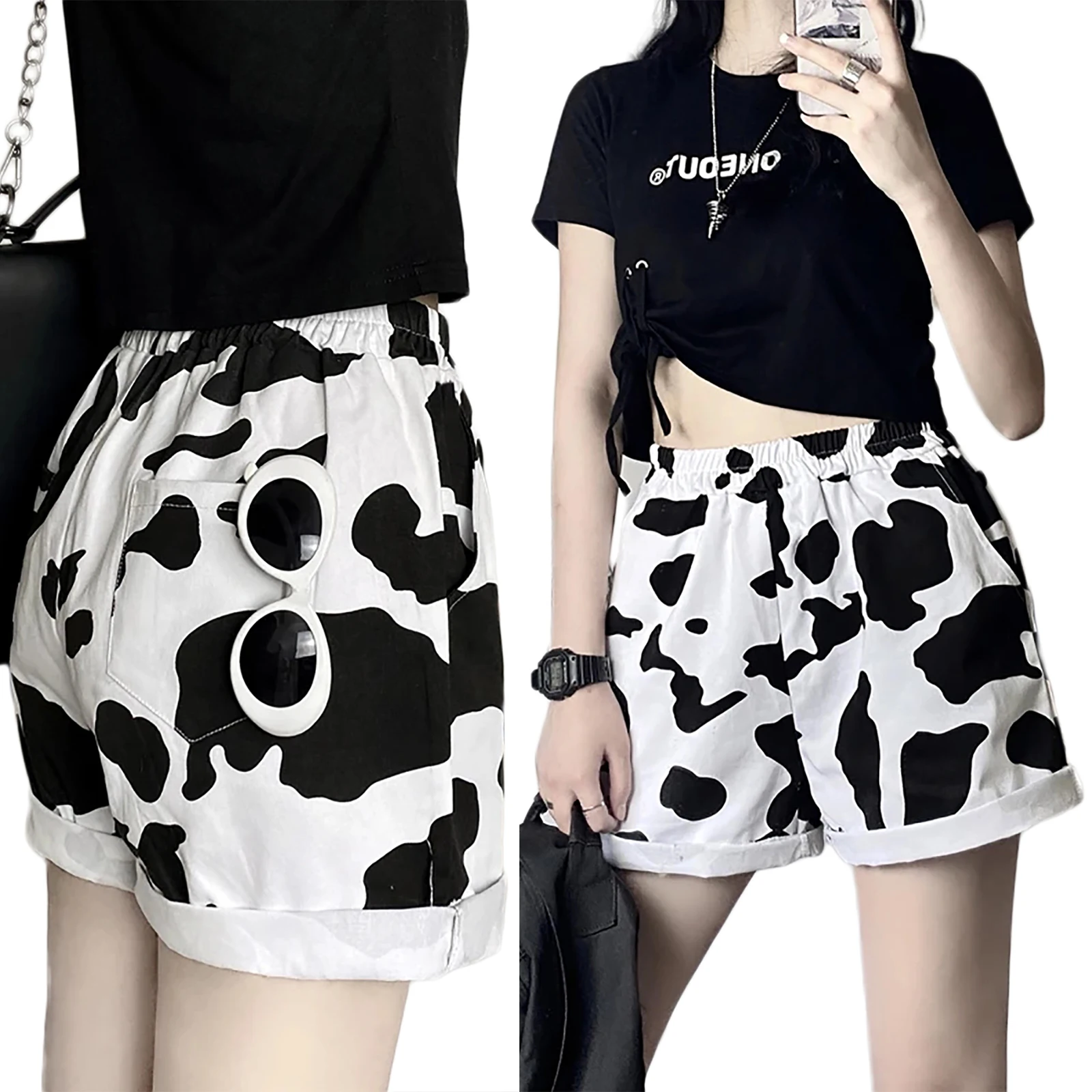 New Ladies Cow Print Casual Shorts Girls Casual Elastic Waist Black and ...
