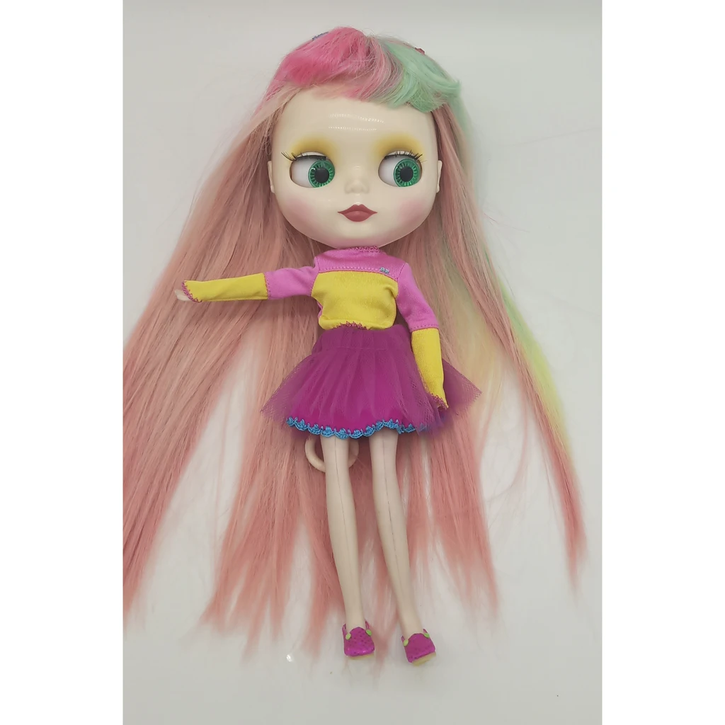 1/3 Long Straight Wig with Bang for    Blythe Doll DIY Accs Pink Green