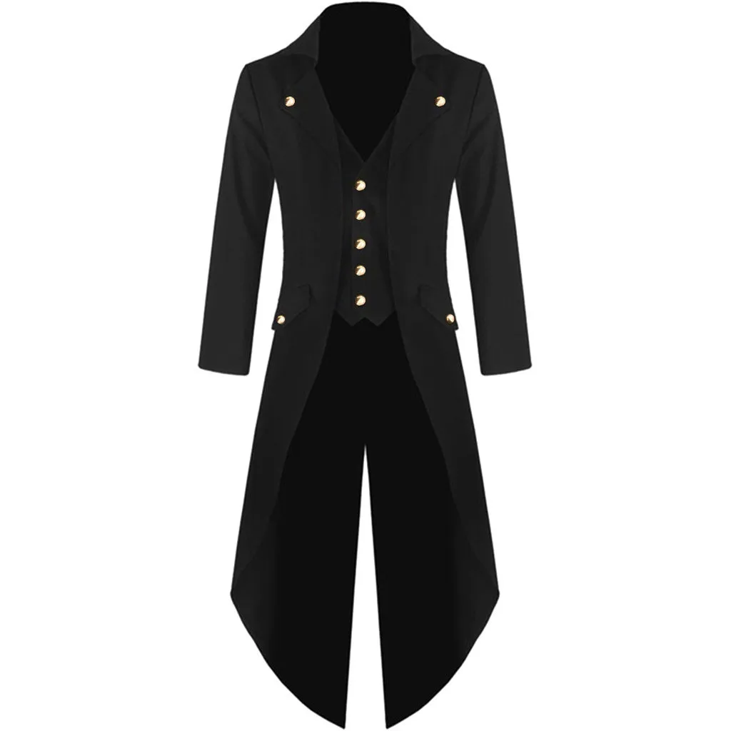 Men's Vintage Coat Punk Gothic Retro Trench Fashion Solid Button Jacket Long Windbreaker Male Clothing Solid Chaquetas Hombre