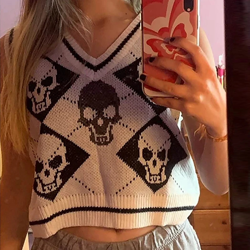 Skulls Graphic Sweater Vest Y2K Vintage Autumn Winter Women Knitted Cropped Tank Top Preppy Style Gothic Pullovers Jumper