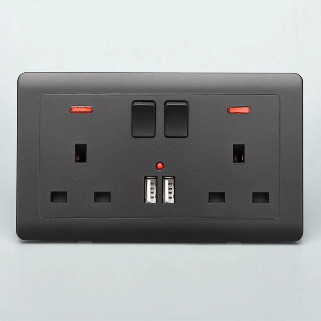 Double Wall UK Plug Socket 2 Gang 13A with 2 USB Charger Outlets, Black