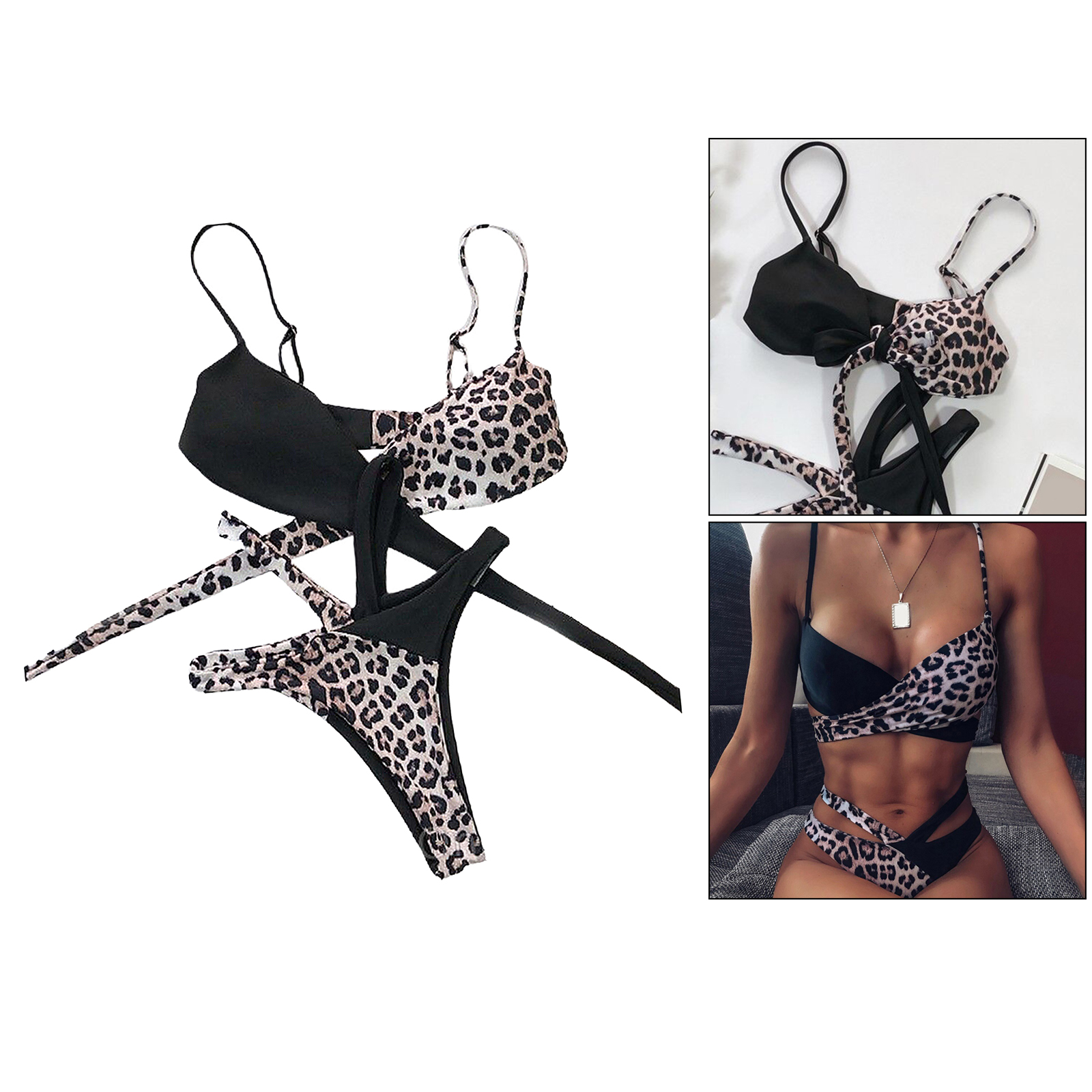 Womens Bikini Tankini Women Leopard Print Bathing Two Piece Swimsuit Ladies Swimwear Beach Travel Swim Pool Backless Bra Bottoms