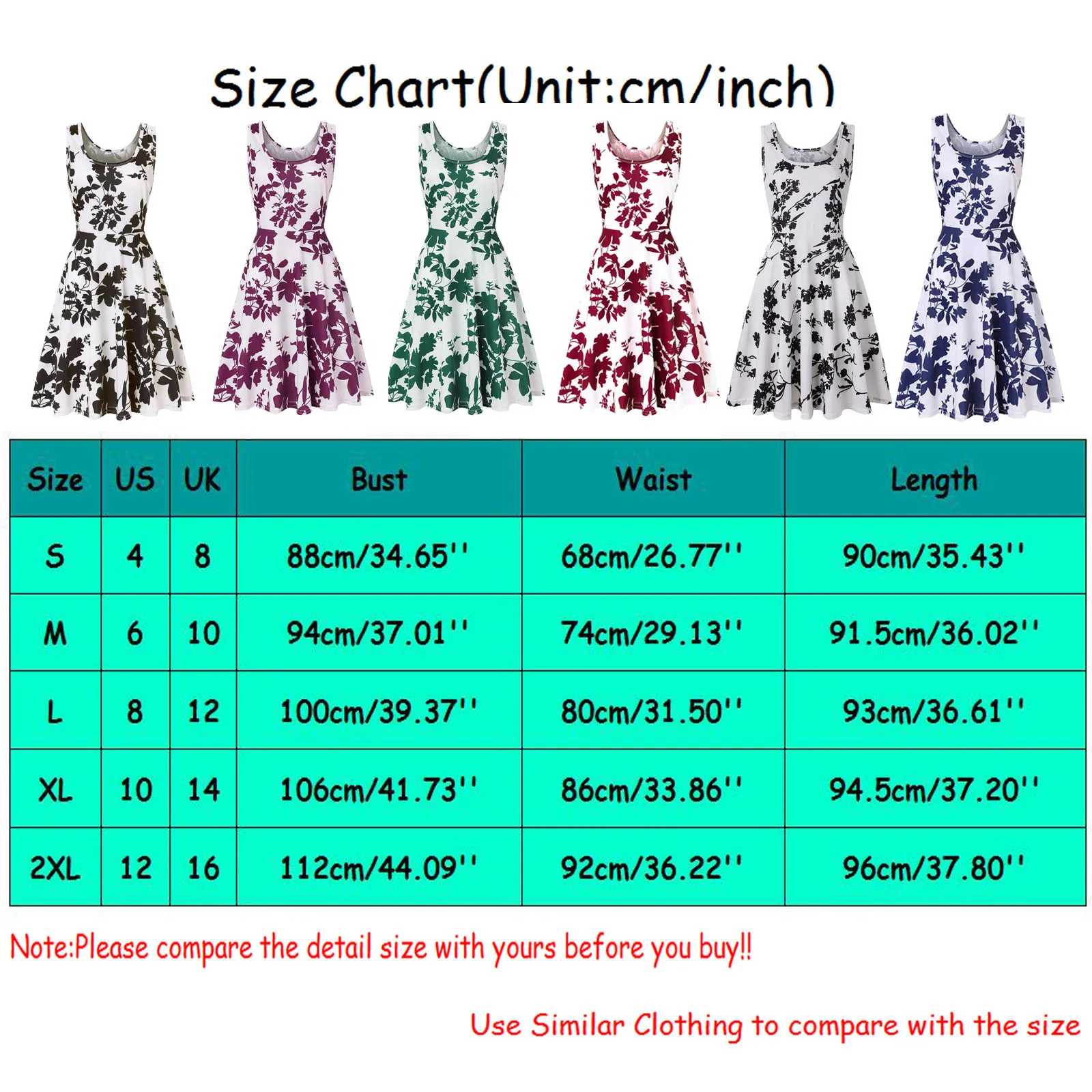 Size Chart: Floral Printed Scoop Neck Dress