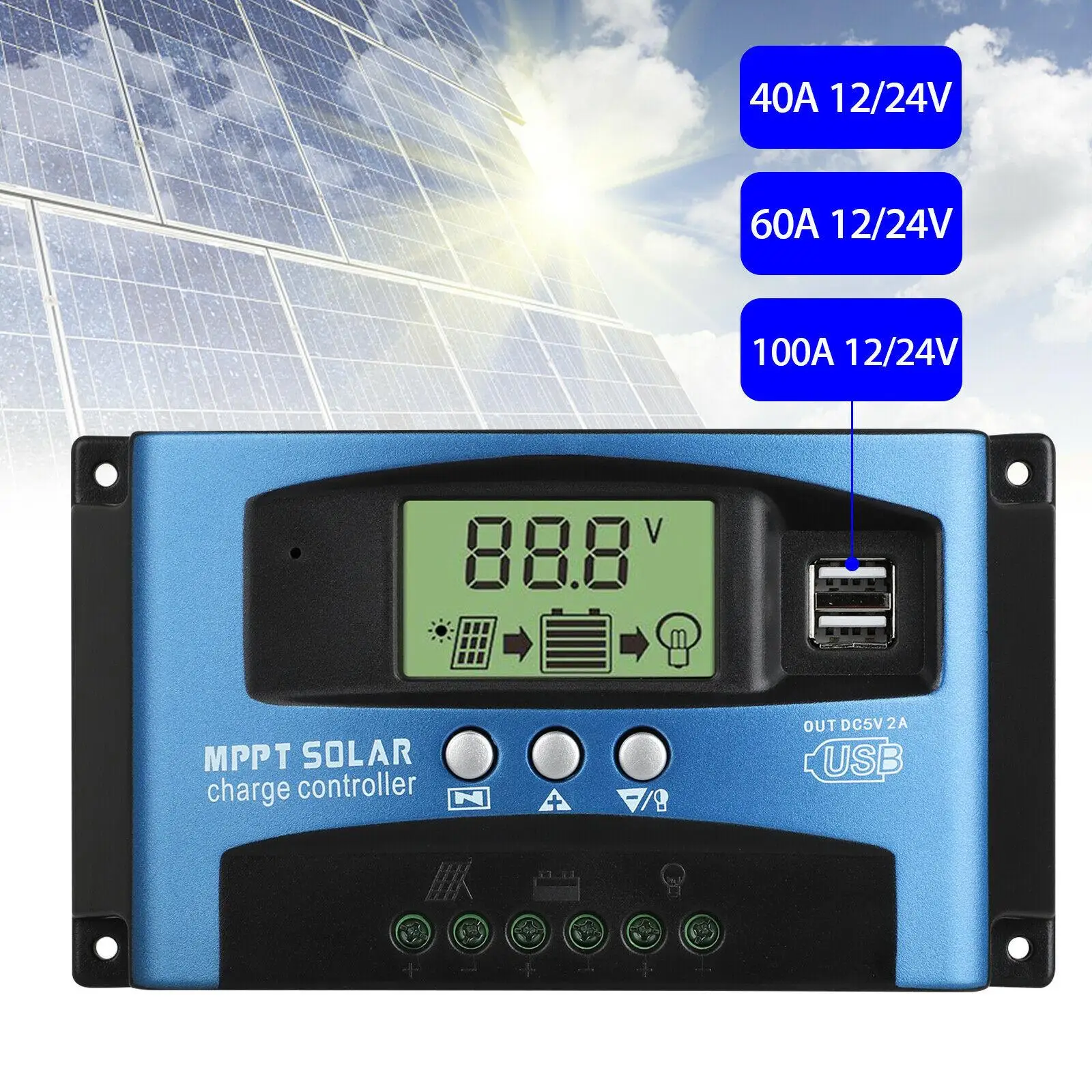MPPT Solar Panel Regulator Charge Controller Auto Focus Tracking 40-100A 12V/24V 
