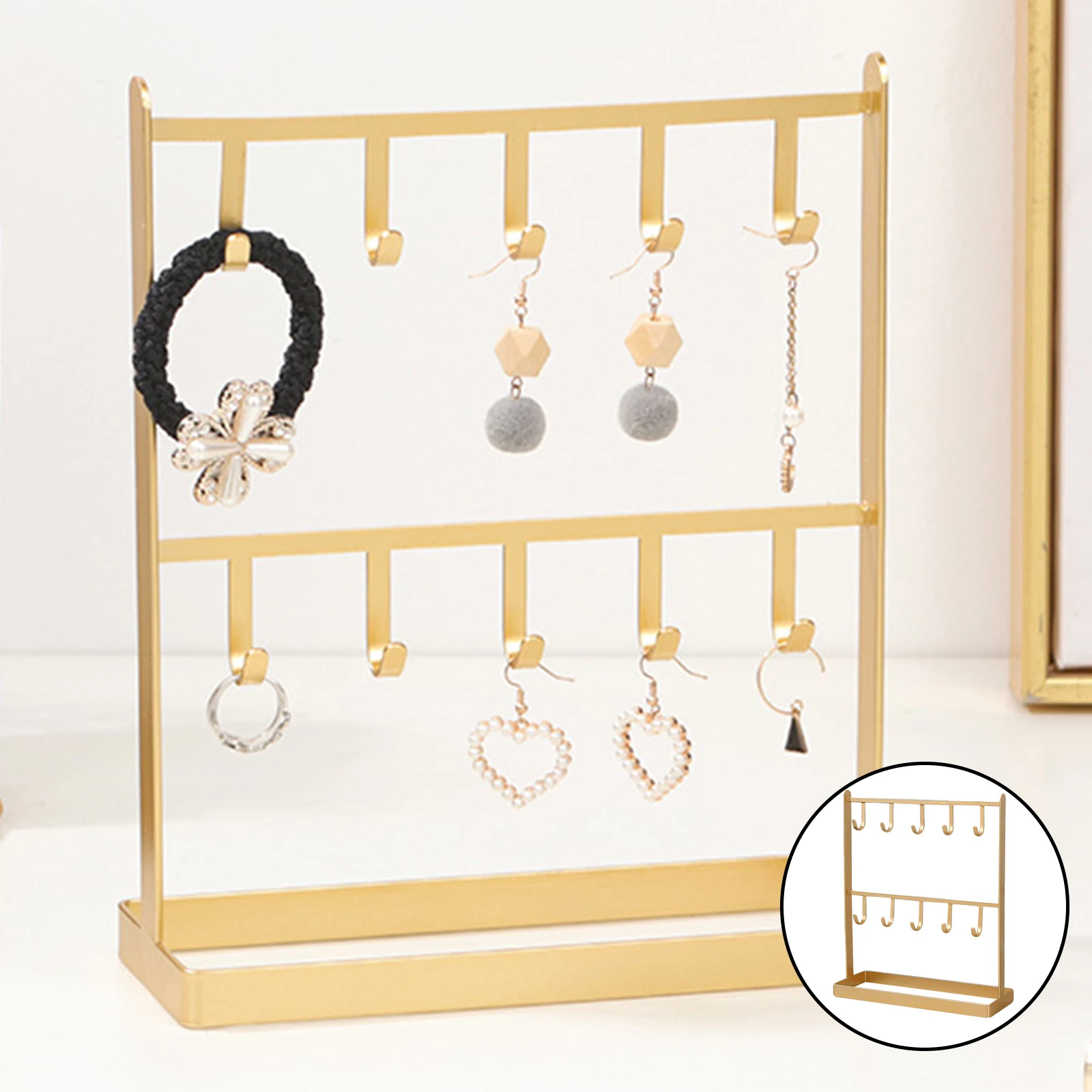 Jewelry Stand Metal Organizer Necklaces Bracelet Earrings Holder Free Standing Tabletop Countertop with Hooks 2 Tier Rack