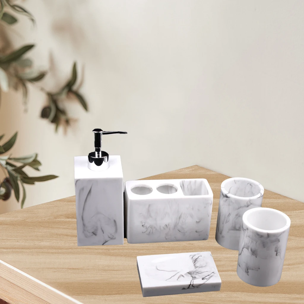 Bathroom Accessories Set 5Pcs Toothbrush Holder Liquid Soap Dispenser, Chinese Ink and Wash Style