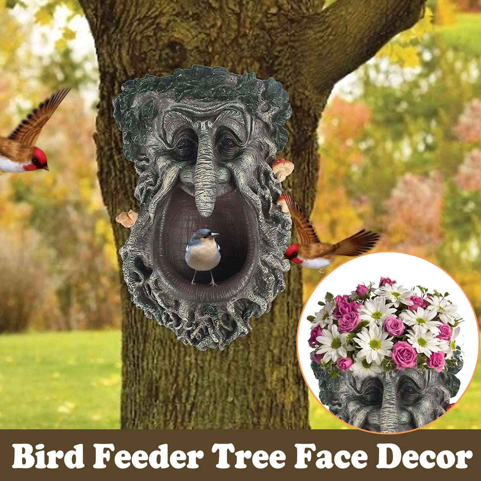 Juegoal Bird Feeder Tree Face Decor Outdoor Fun Old Man Tree Sculpture Yard Art 