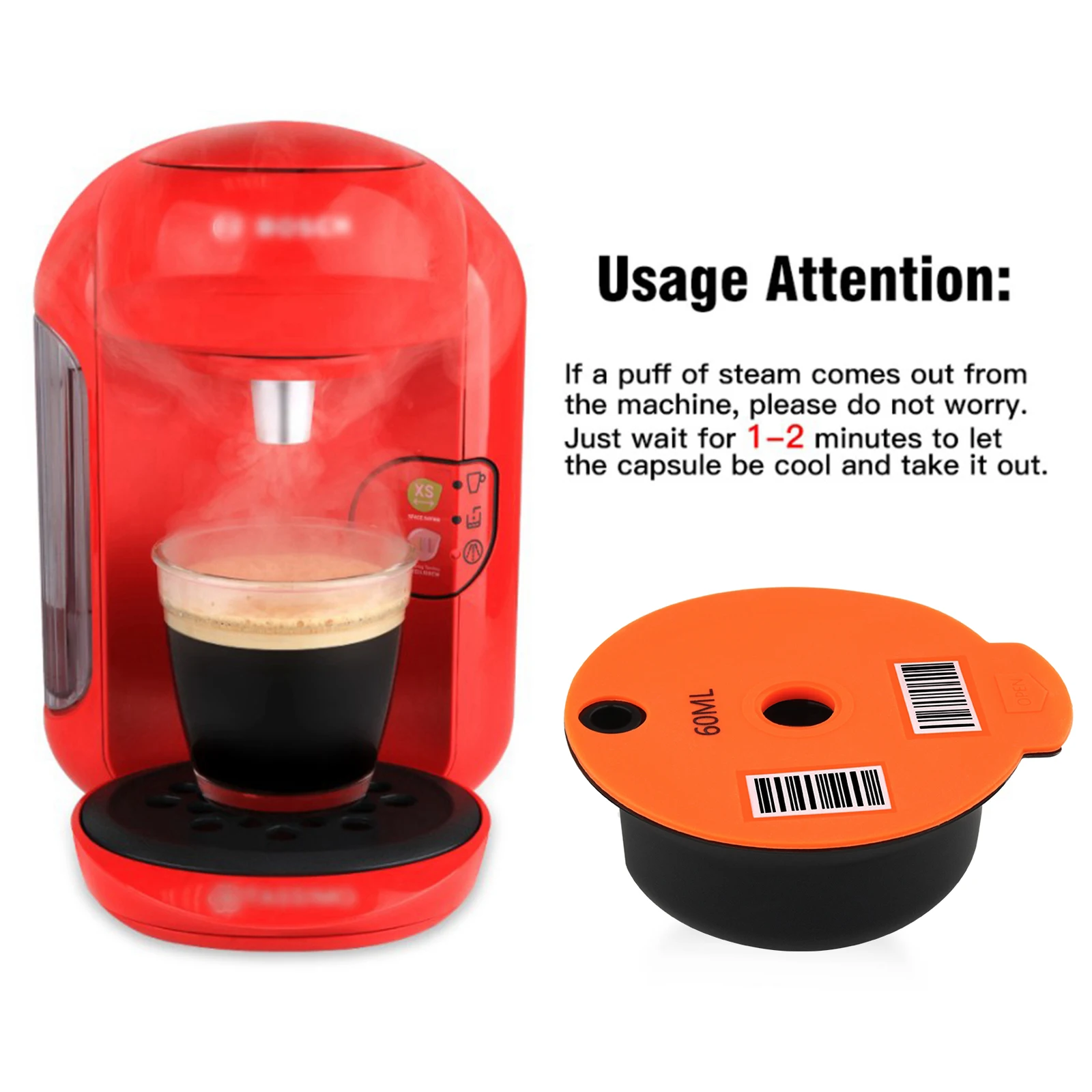 60ml/180ml PP Coffee Capsule Pod Cup with Slicone Lid for Bosch Tassimo Reusable