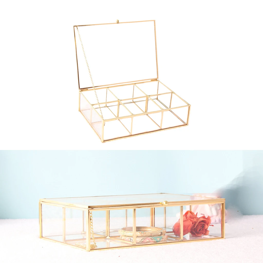 Golden Glass Jewellery Organizer Rectangular Lidded Metal Clear Display Lipstick Perfume Treasure Storage Dresser Decoration