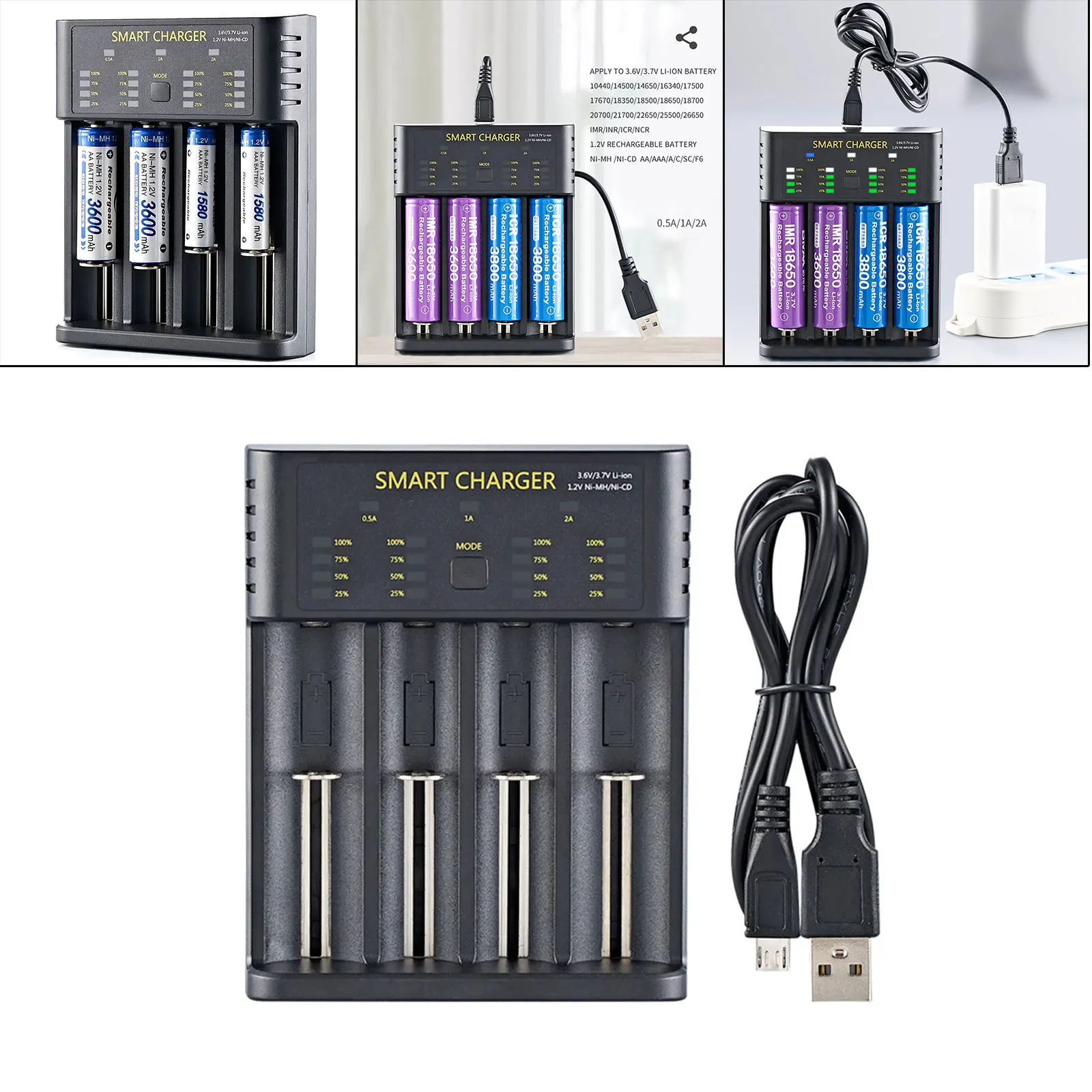 18650 Batteries Charger 4-Slot Independently Plastic USB Cable Black Smart Charger for LI-Ion Batteries 18350 20700 AAA 26650