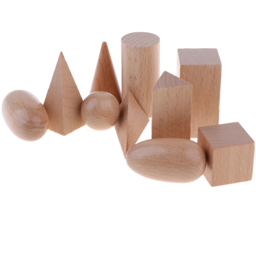 Montessori Educational Toys - Set of 10 Wooden Geometric Solids, 3D Shapes