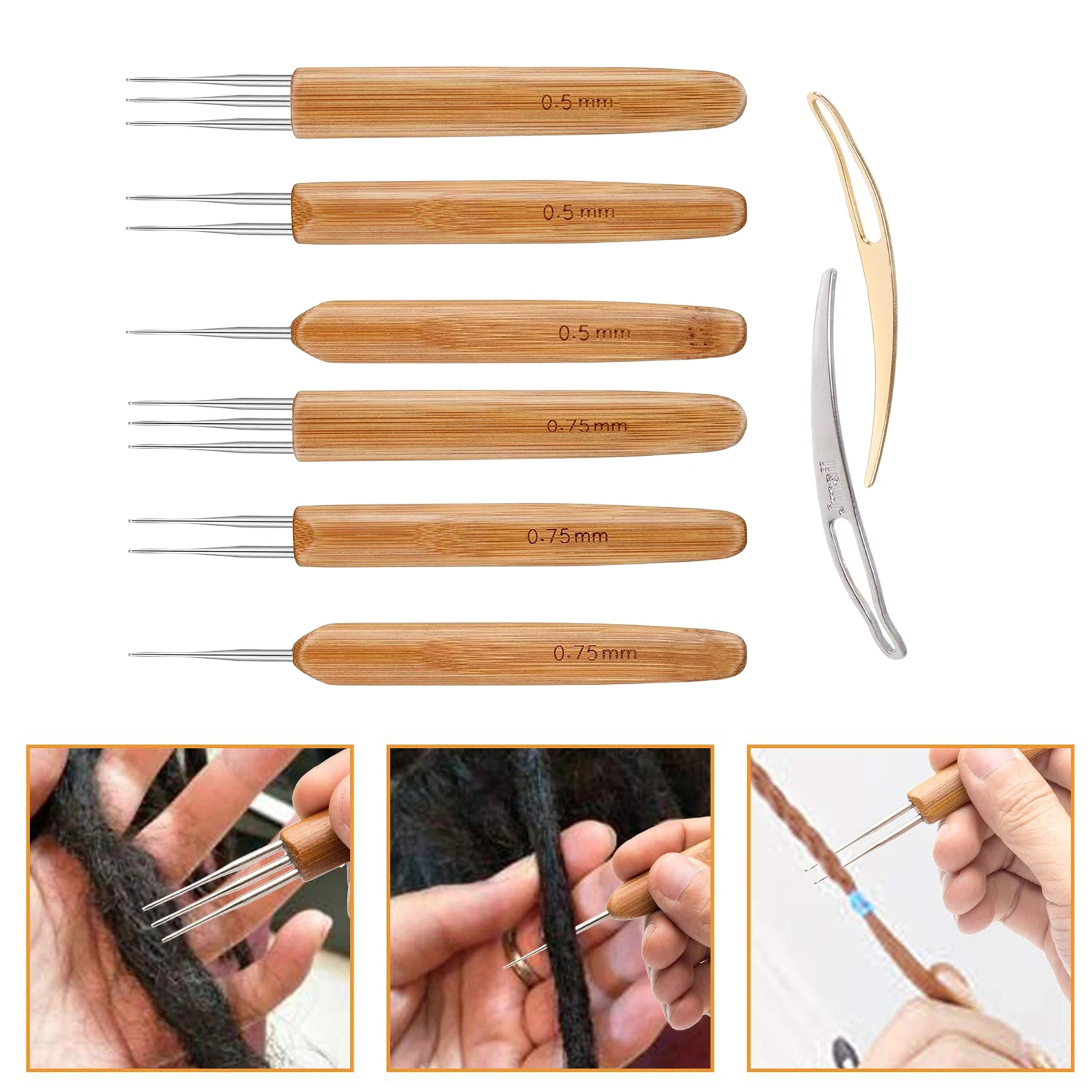 8x Dreadlock Crochet Needle Hook Bamboo Handle Hooks Hair Braiding Tool