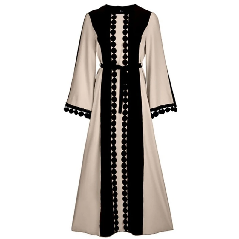 feminino muçulmano manga longa maxi vestido de renda polka costura islâmico oriente médio dubai robe bloco de cor com cinto abaya kaftan