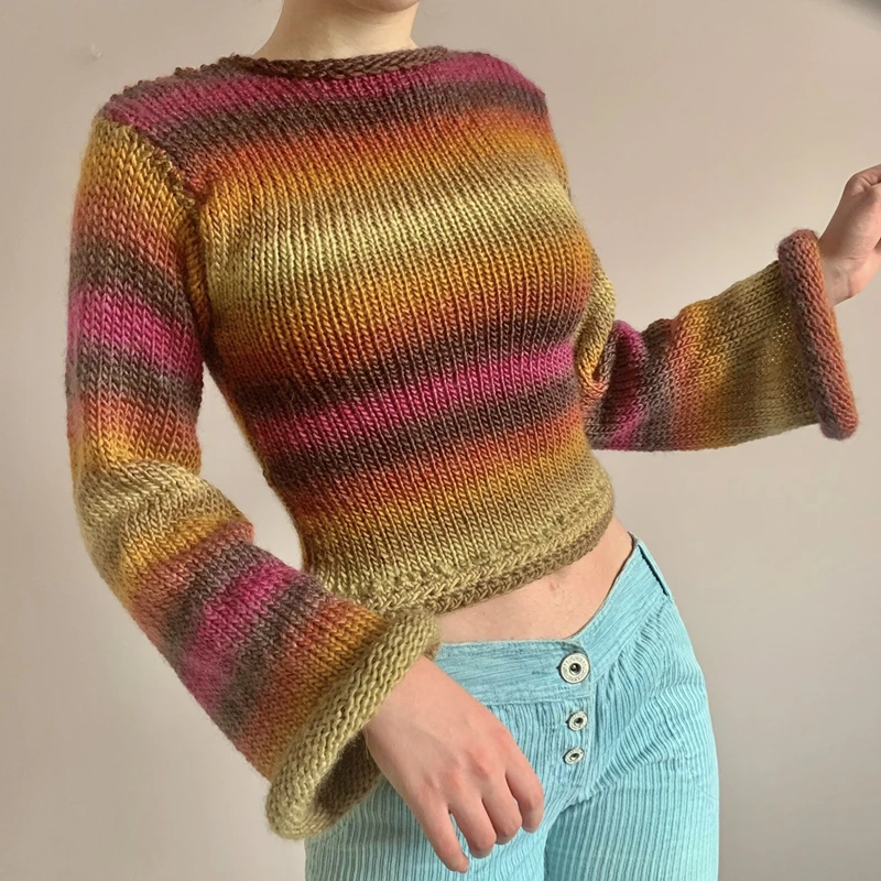 Autumn Winter 90s Vintage Knitted Sweaters Striped Crimping Cropped Pullovers Chic Women Kawaii Knitwear y2k Retro Streetwear cardigan for women