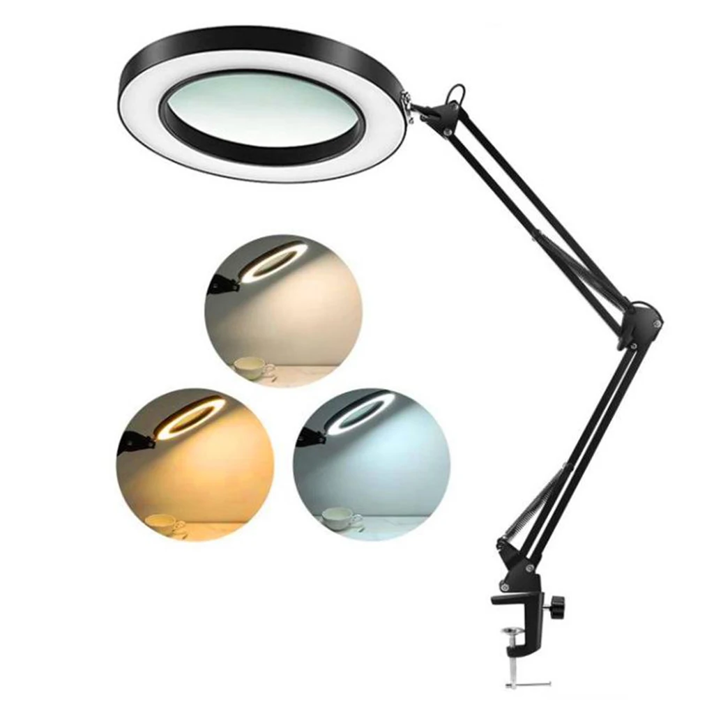 LED 5X Magnifier Lamp Eye-Caring Reading Magnifying Lamp 3-Color Modes Light