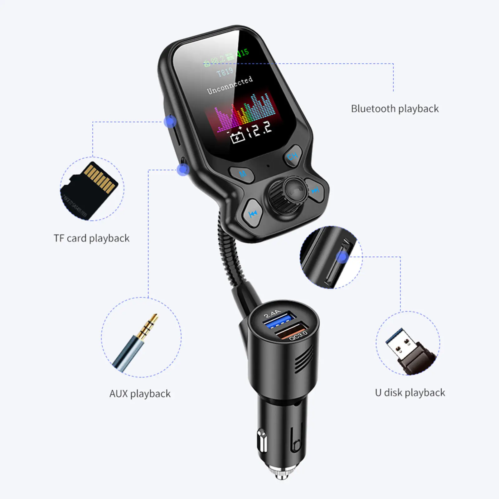 Car Bluetooth MP3 Player FM Transmitter QC3.0 Fast Charger Dual USB