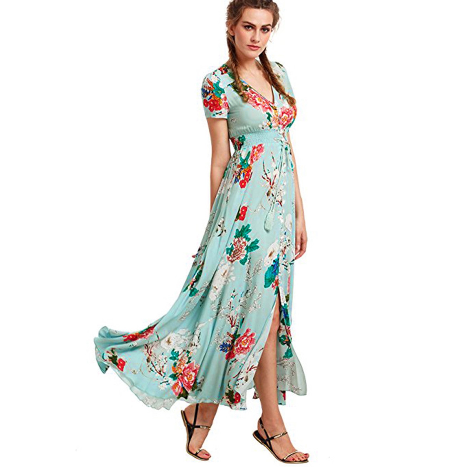 Women Summer Button Up Split Floral 
