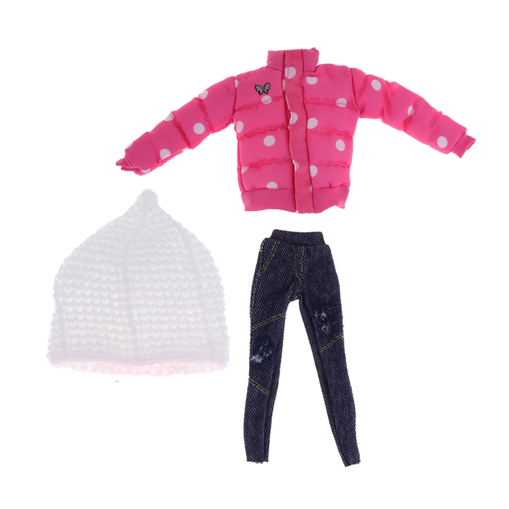 1/6 Lovely Pink Winter Jacket & Jeans With Hat Set For Blythe Doll Dress Up