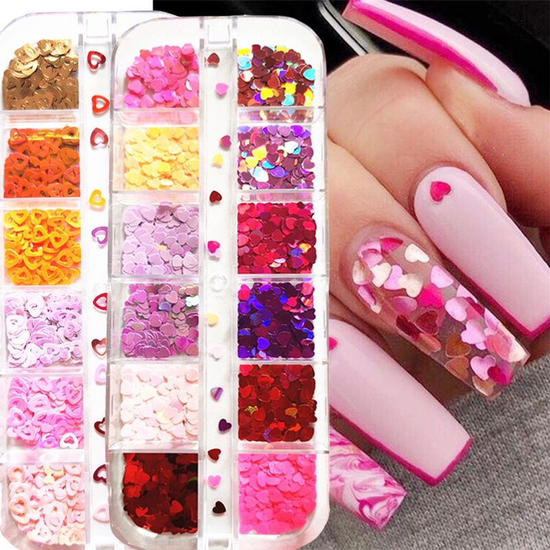 Best of 12 Grids / box Laser Love Heart Butterfly Nail Sequins Mixed Color Sparkle Nail Glitter Flakes 3D Nail Art Decorations Accessories Reviews & Tips