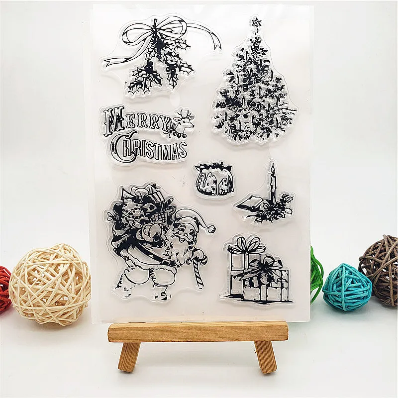 6Pcs Christmas Clear Stamps Reusable Silicone Transparent Stamp Xmas Deer Snowfalke Santa Claus Rubber Clear Stamp Seal for DIY Scrapbooking Album Paper Craft Card Making Decoration Christmas Supplies 