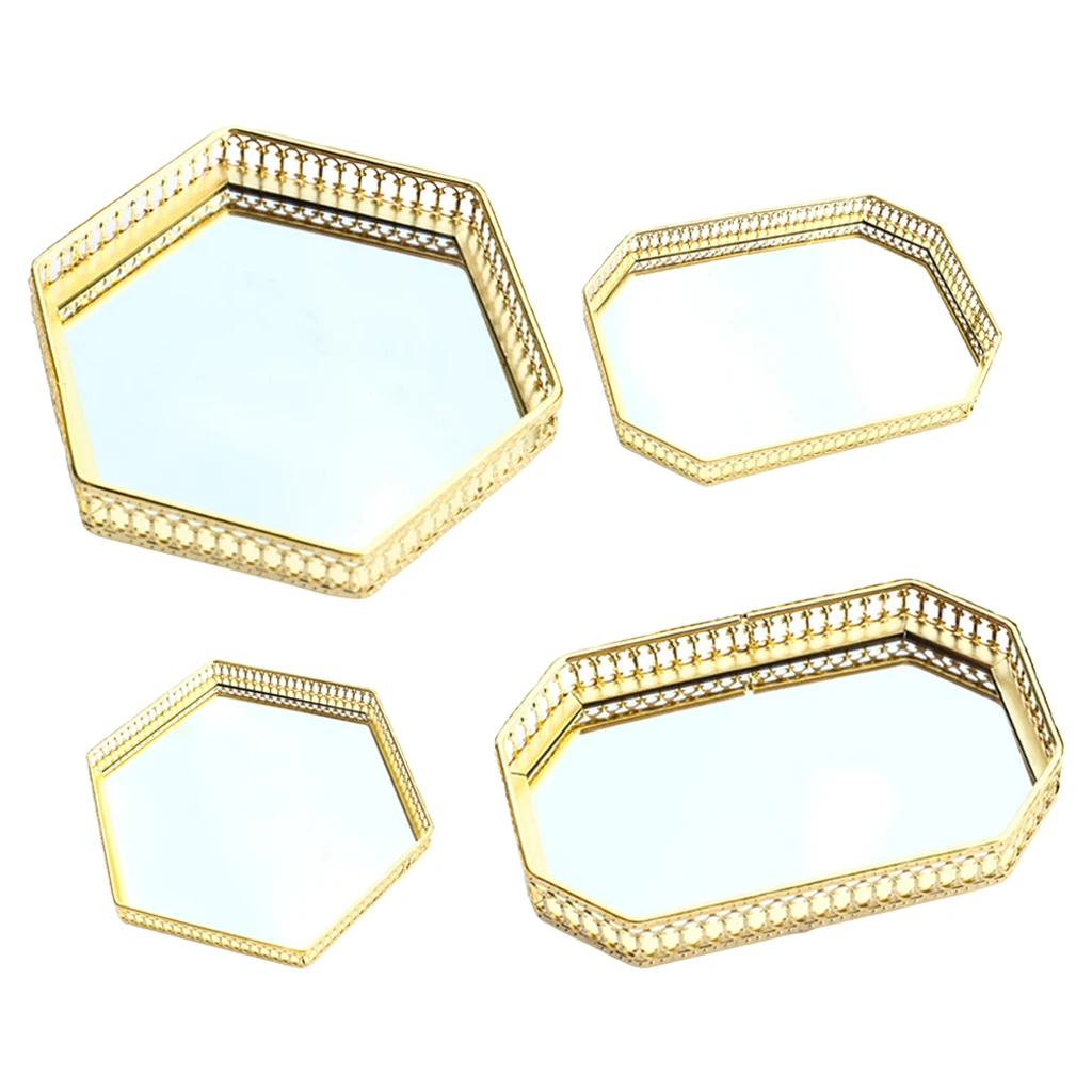 Golden Vanity Tray Mirrored Makeup Tray Perfume Dish Jewelry Display Decor