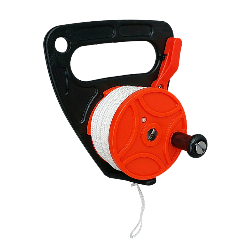 Heavy Duty Orange Plastic Scuba Diving Multi Purpose Wreck Cave Dive Reel with Handle and 150ft Nylon Line, Thumb Stopper