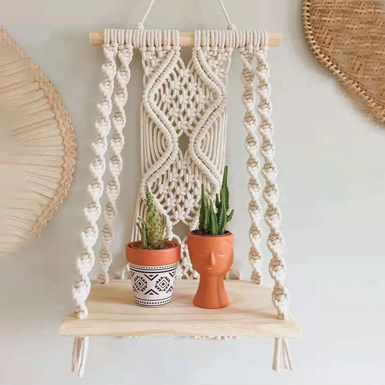 Chic Bohemian Tapestry Wall Shelf Woven Cotton Rope Plant Rack Home Decor