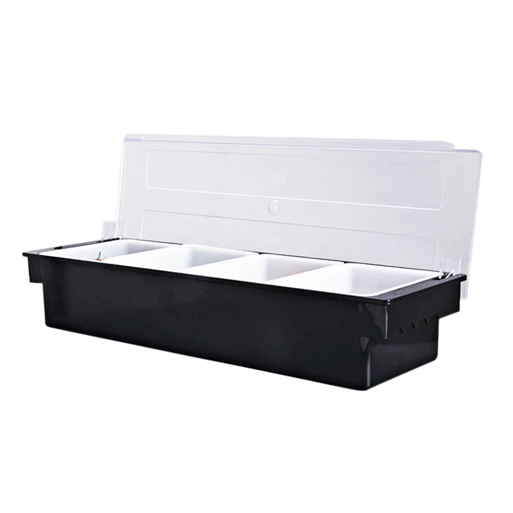 Plastic Condiment Dispenser 4 Compartment Black Bar Condiment Holder, Cocktail Garnish Tray