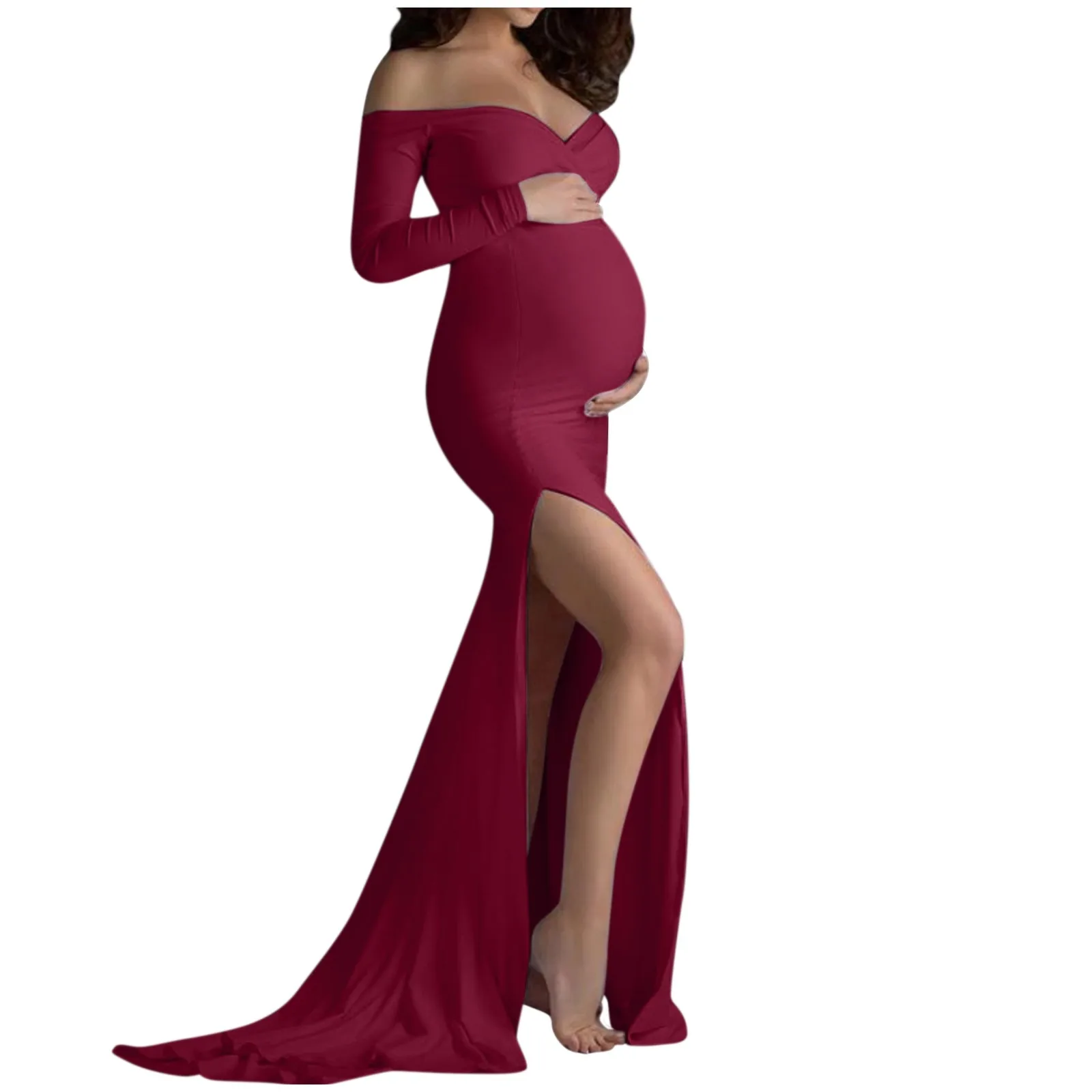 mulheres grávidas sexy fotografia adereços fora do ombro vestido com decote em vestidos senhoras maternidade cauda fenda longo vestido de uma peça