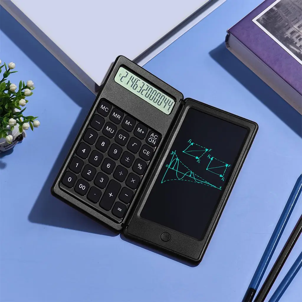 Foldable Calculator with 6inch LCD Screen Writing Tablet 12 digits Notepad Doodle Pad for Office Business Meeting Pocket-Size