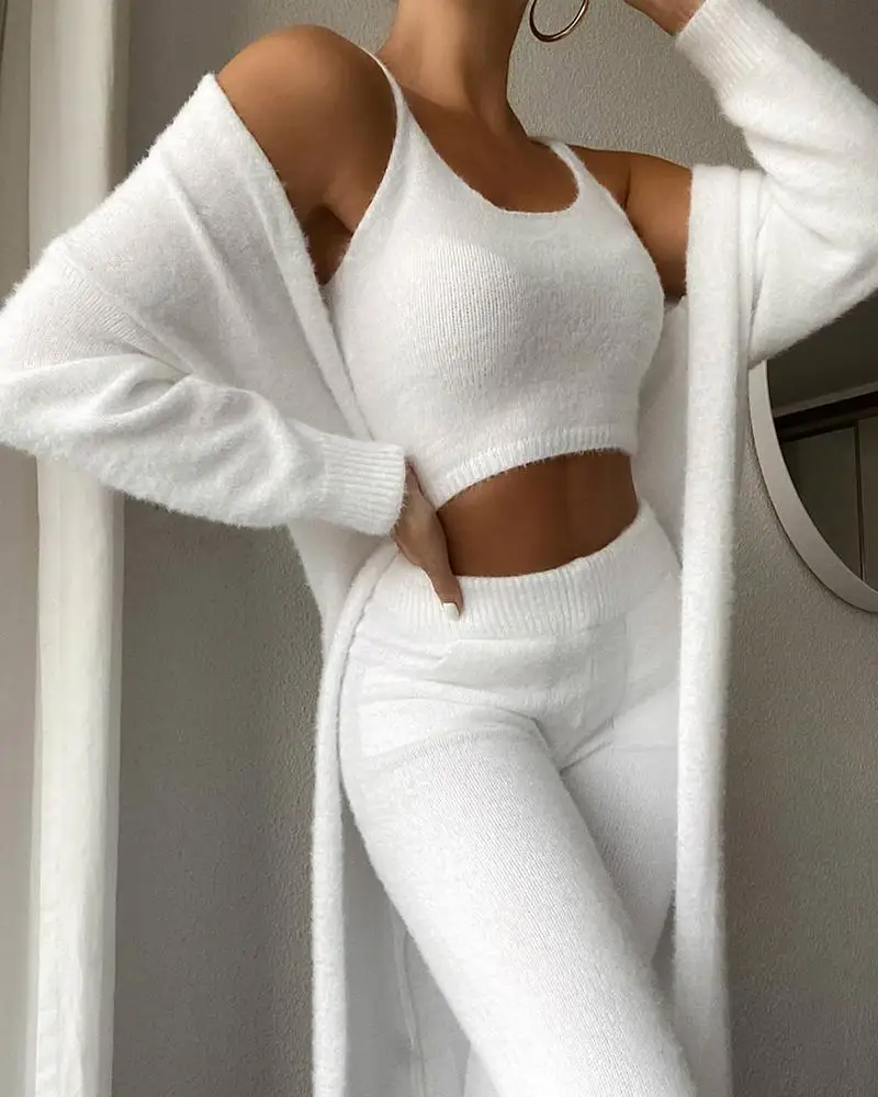 Lounge Wear Soft Fluffy 3 Piece Set Women Tracksuit Fleece White Sexy Vest+Pants+Cardigan Winter Outfit Homewear Female plus size pant suits for special occasions