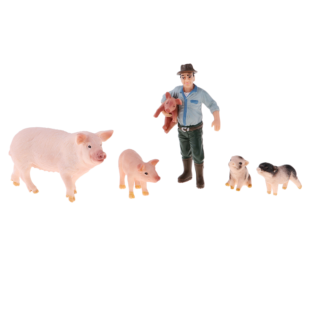 Lifelike Farm Animal Figure Plastic Farm Animals Toy Set - Farmer & 4 Pig