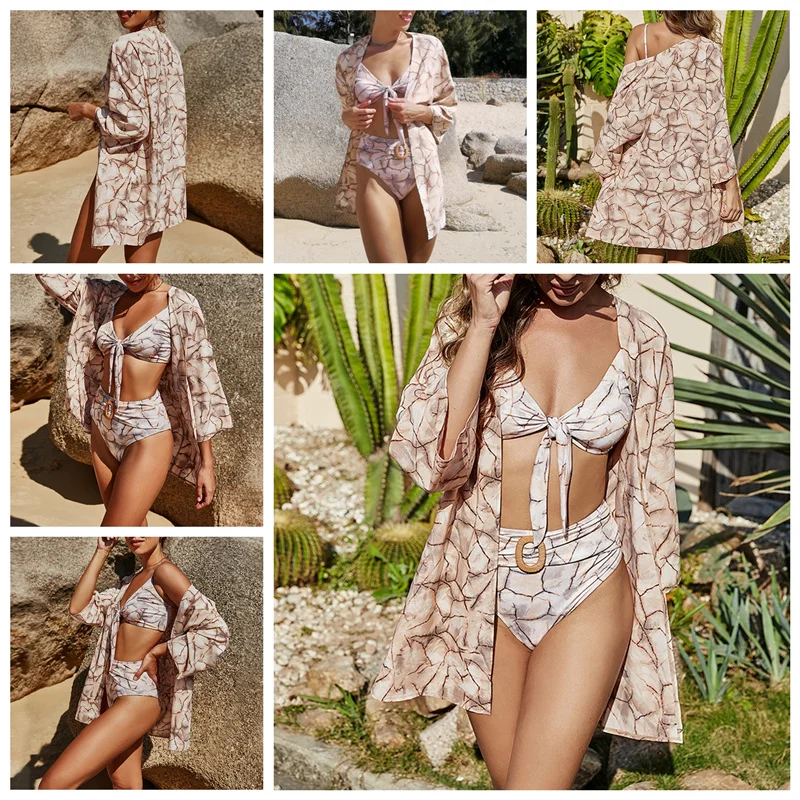 Meihuida 2021 New Women Bikini Long-sleeved Blouse with Chic Print Loose Fit Casual Style Summer Clothing Cover-Ups bathing suit cover