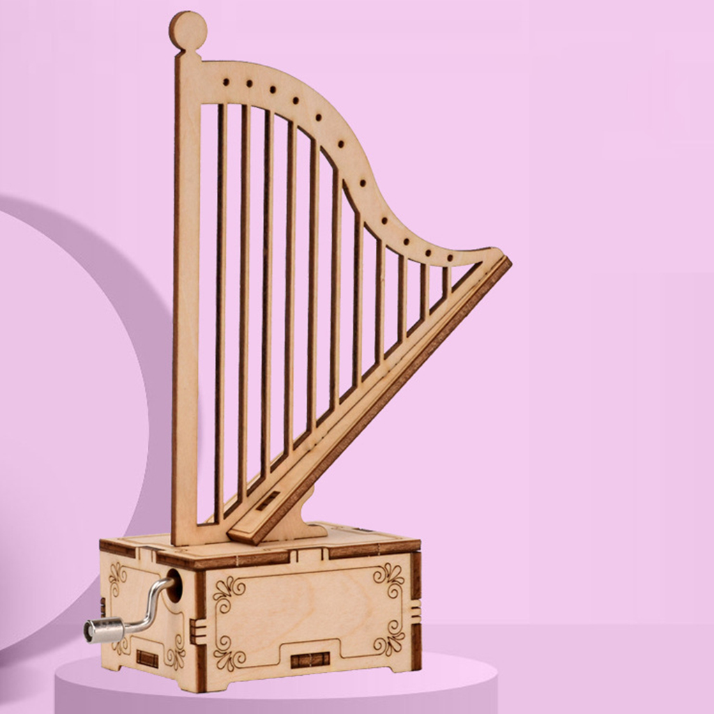 3D Retro Wooden Puzzle Hand Crank Shape Harp Wooden Music Box