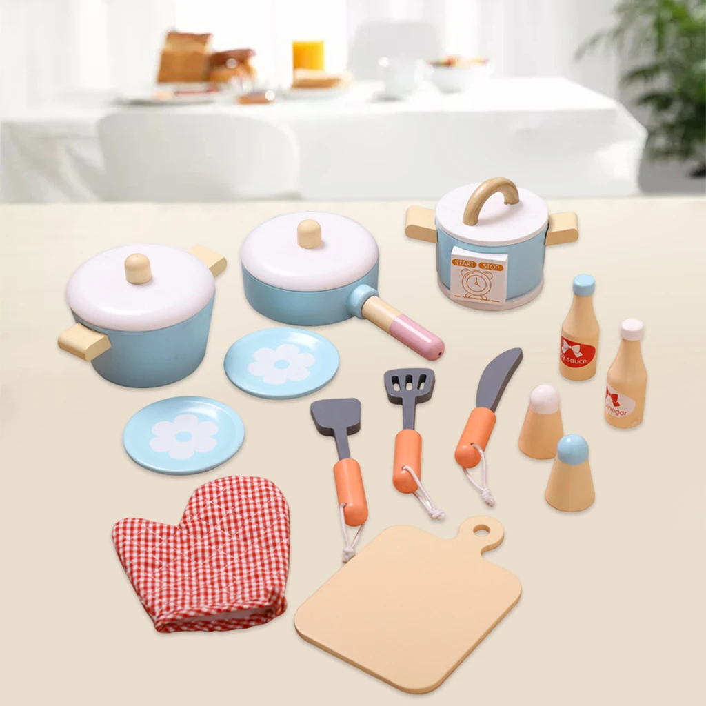 14x Wood Kitchen Playset Pretend Play Cookware Including Pans Pots for Kids