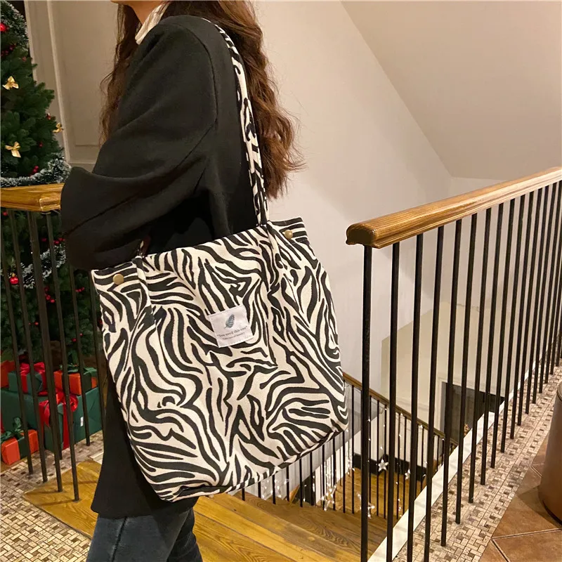 Retro Corduroy Women's Shoulder Bag Large Capacity Student Girls Casual Tote Book Handbags Flower Leopard Female Shopping Bags