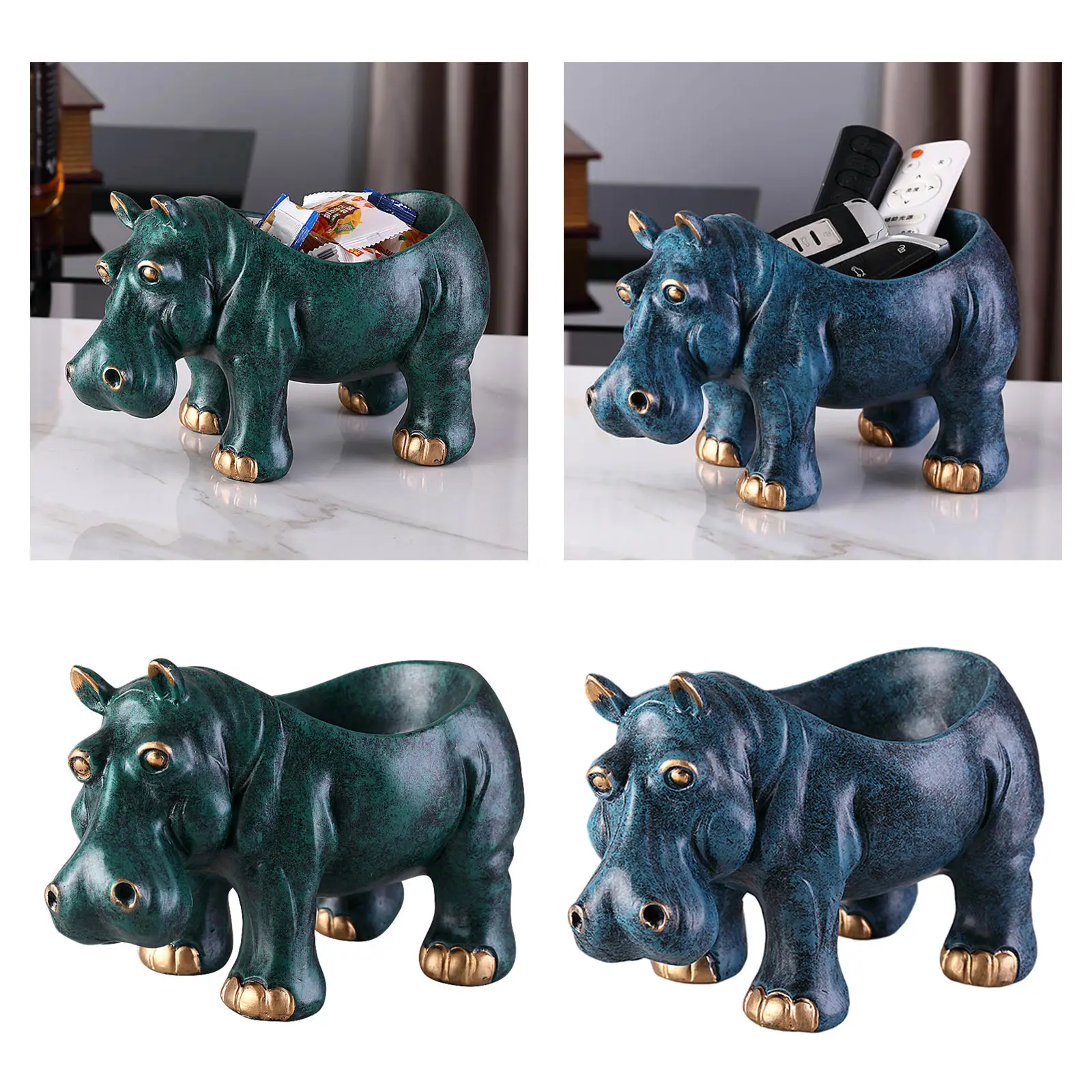 Resin Hippo Statue Figurine Desktop Key Candy Storage Box Organizer Hippopotamus Sculpture for Home Living Room Tabletop Decor