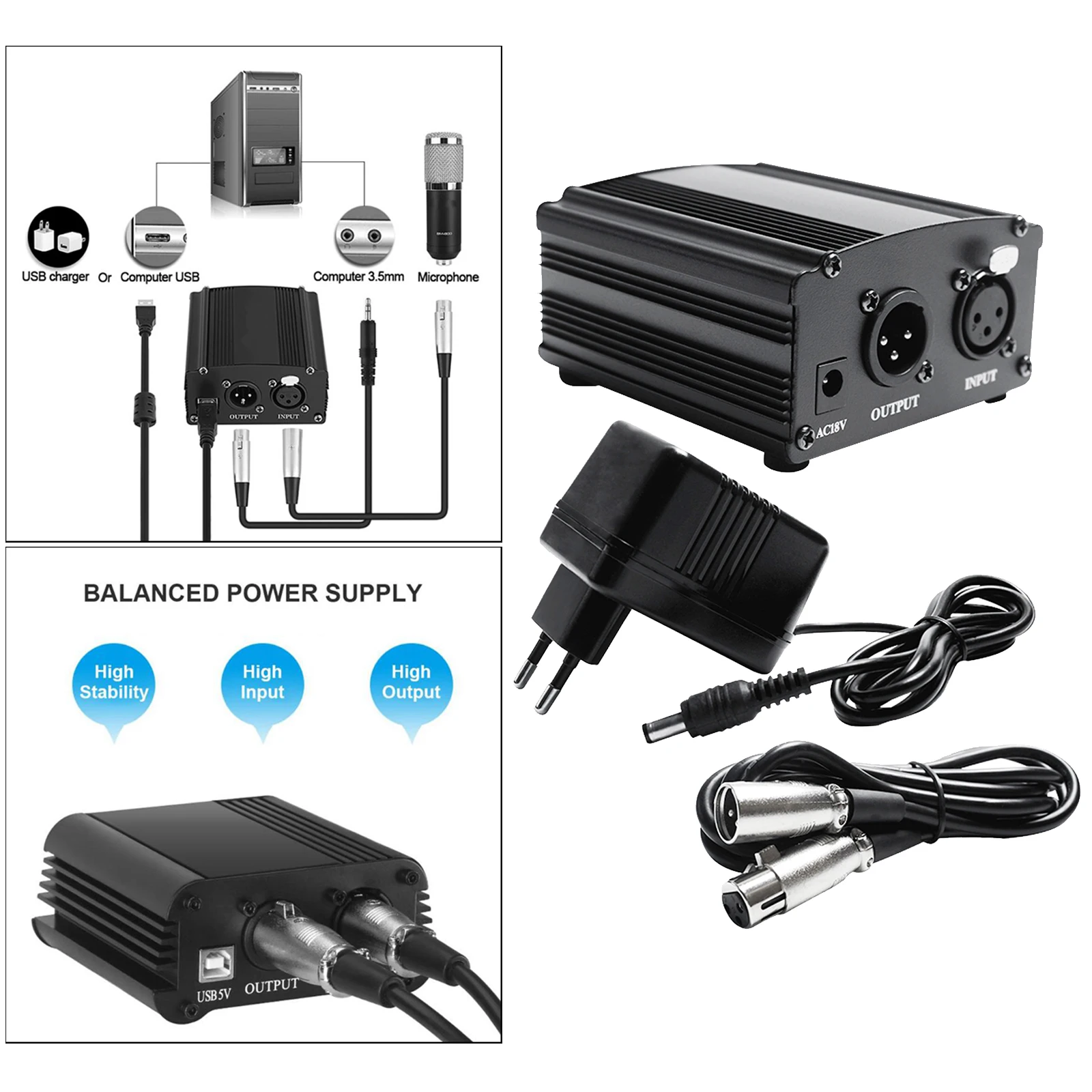 48V Phantom Power Supply with Charging Cable for Microphone Device Equipment