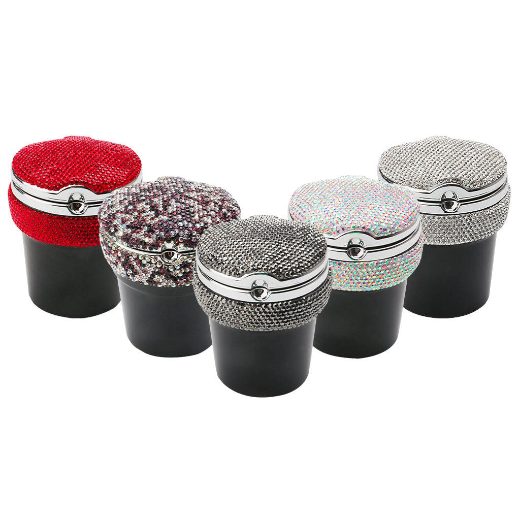 Car Ashtray with LED Interior Vehicle-Mounted Washable Rhinestones Decoration Auto Ashtray Fit for Dashboard Cup Holders Travel