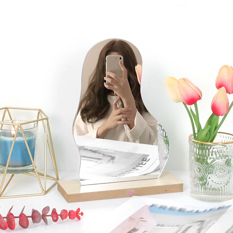 A Acrylic Makeup Mirror Frameless Decorative Vanity Table Mirror Makeup Irregular Shape with Wooden Base for Bedroom,Living Room and Minimal Spaces Room Decor 