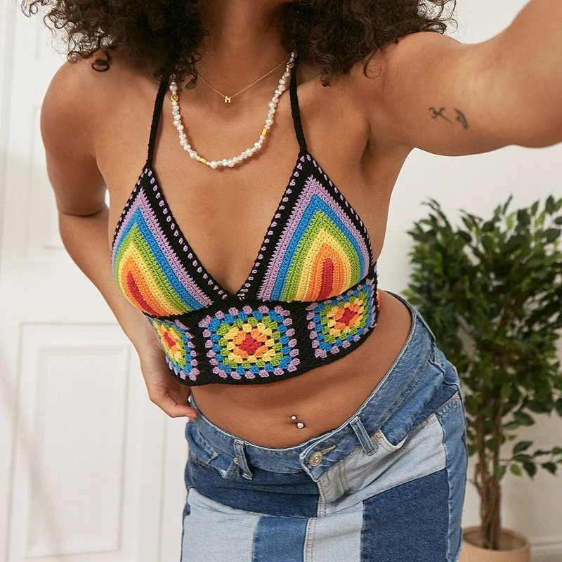 Colorful Striped Knitted Cami Top 90s Vintage Summer Beach Boho Sexy Sleeveless Spaghetti Strap Top Crop Women Y2K Aesthetic half camisole