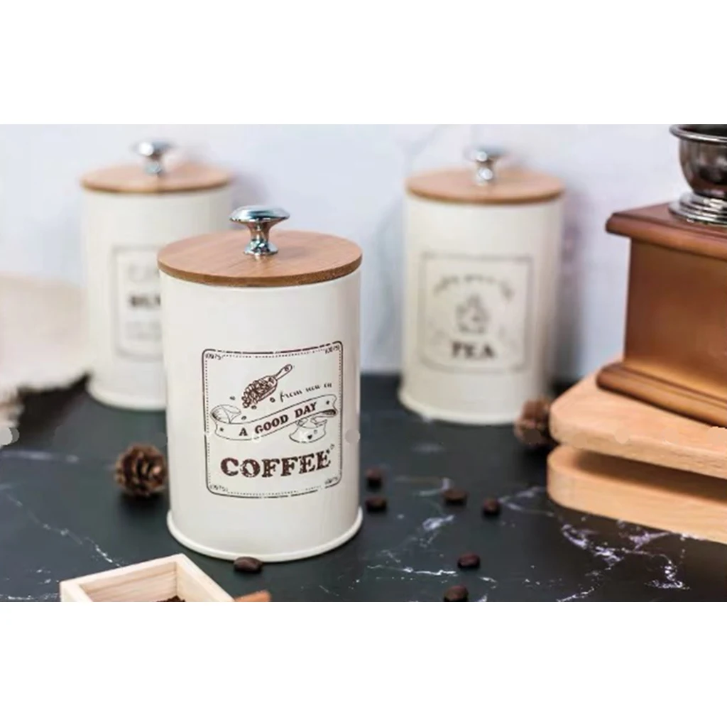 Vintage Cream Enamel Tea Coffee Sugar Kitchen Storage Canisters Jars Pots Set 3