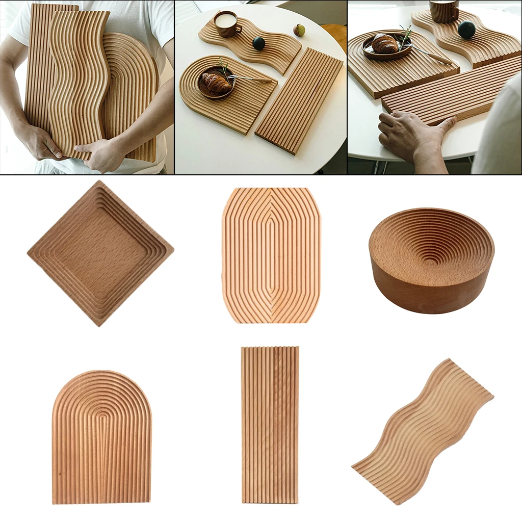 Wavy Groove Wood Dessert Slicing Bread Serving Tray Snack Cake Food Storage Organizer Coffee Board Table