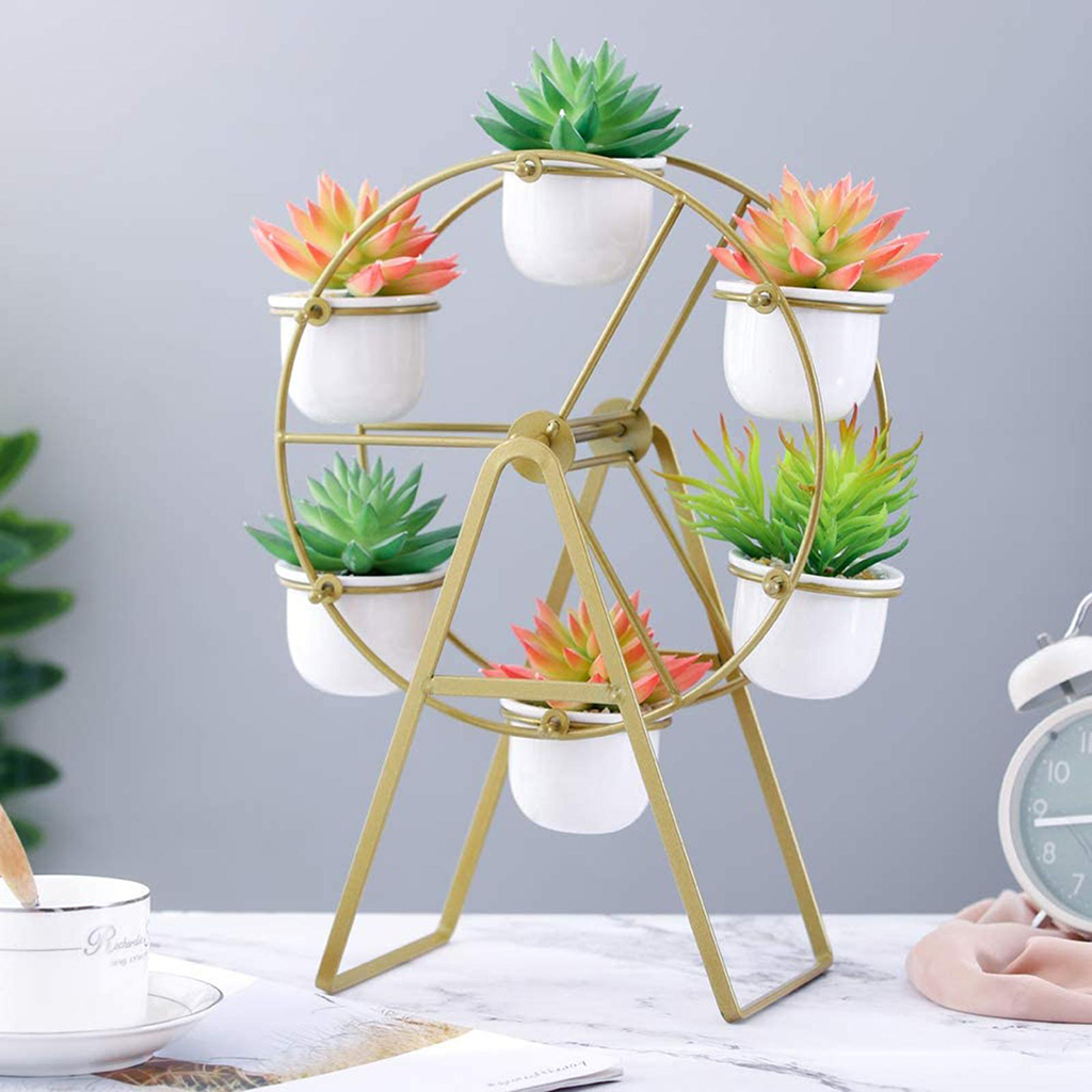 Ferris Wheel Flower Pot Stands Holder with 6 Ceramic Succulent Plant Pots