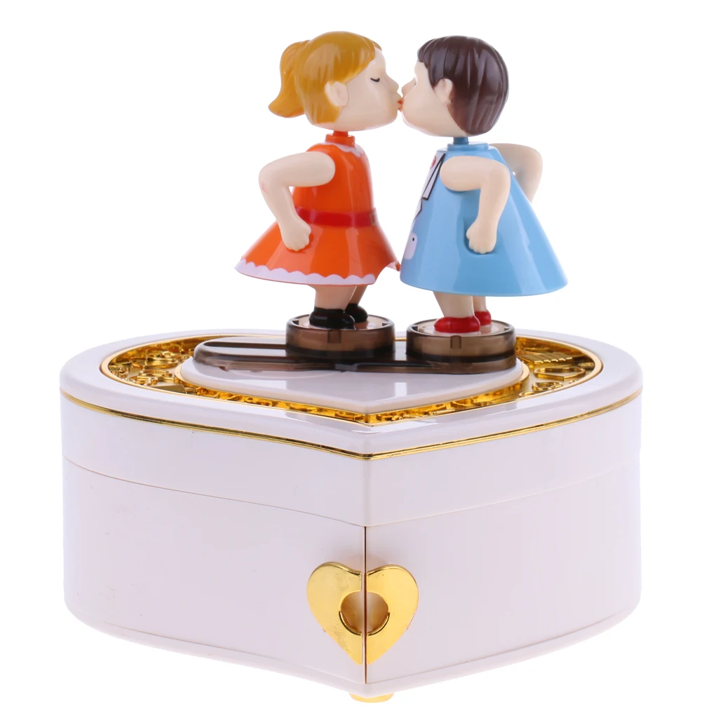 Heart Shape Kissing Doll Music Box W / Jewelry Drawer Clockwork Toy B