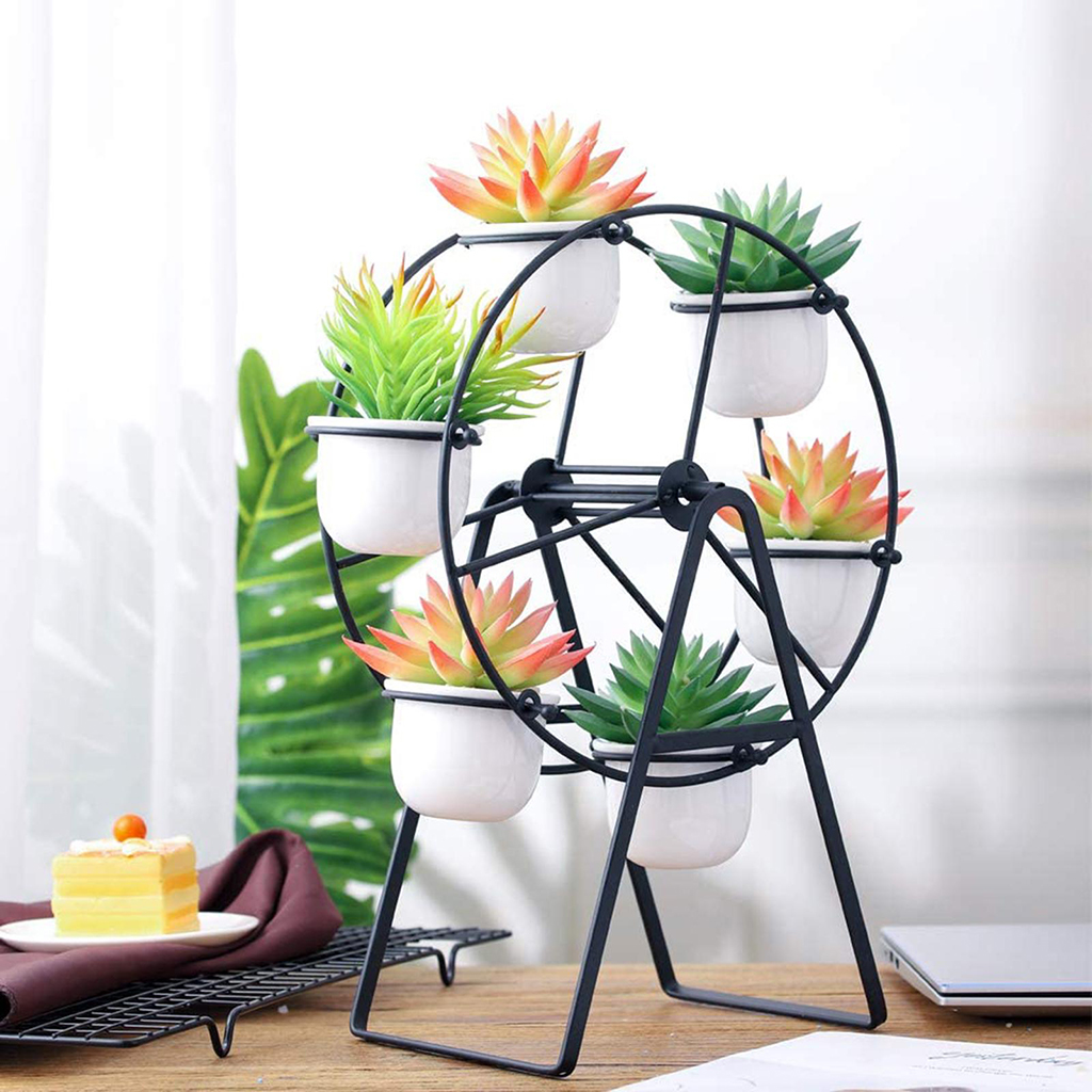 Ferris Wheel Flower Pot Stands Holder with 6 Ceramic Succulent Plant Pots