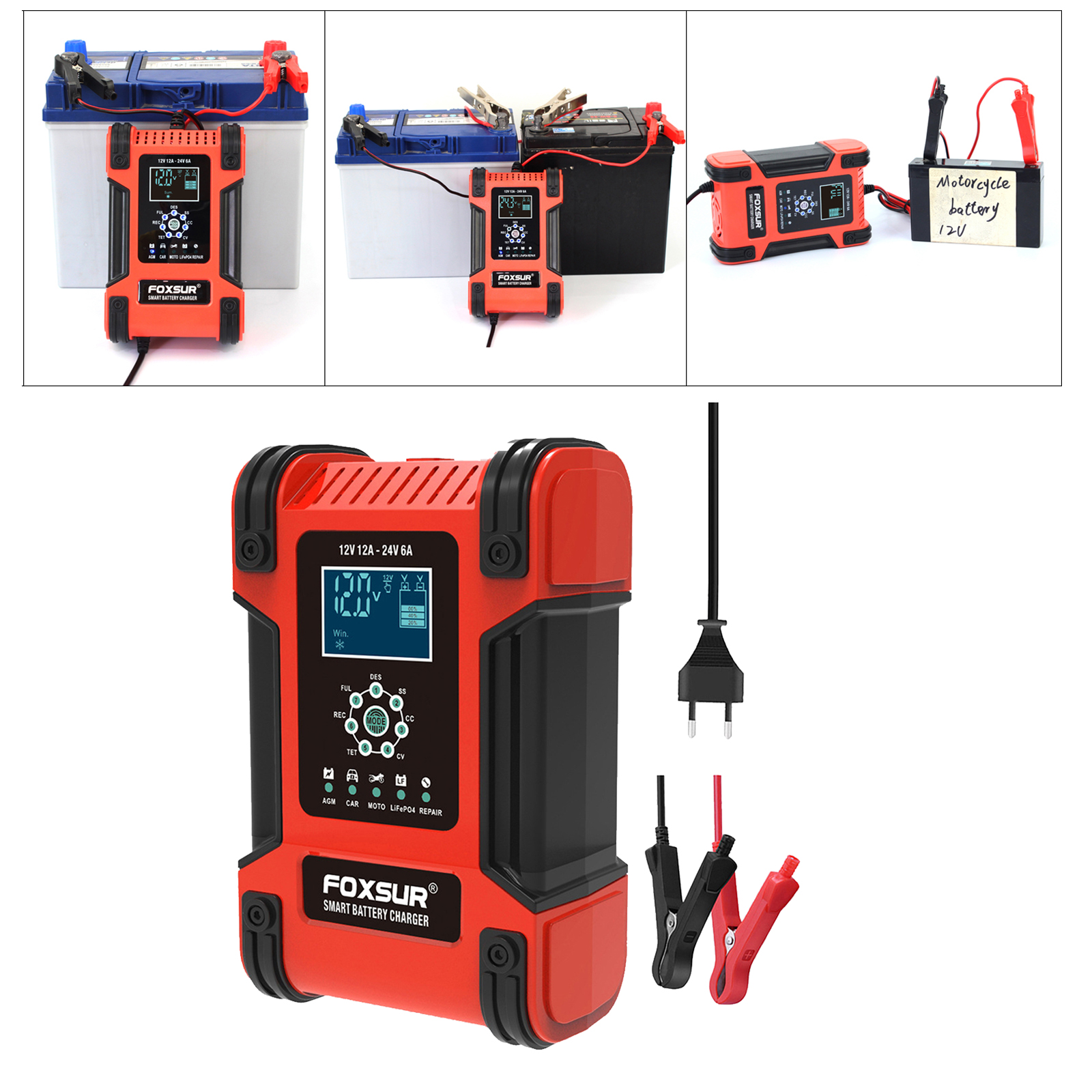 Car Battery Charger 12V 12A 24V 6A Power Automatic Charge Charging EU Plug