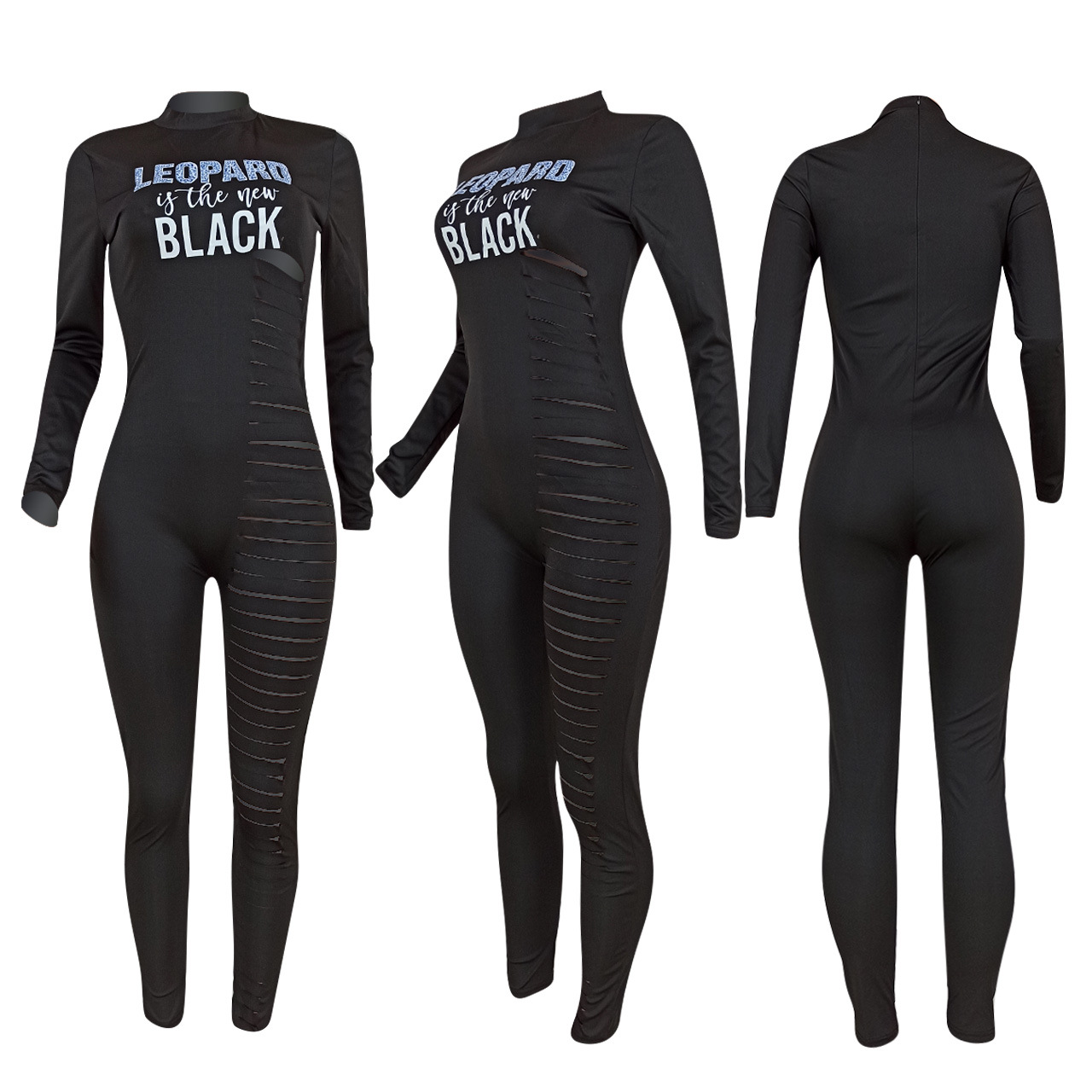 Carta com Nervuras Oco para Fora Impresso Longo Macacão Feminino Sexy Manga Longa Bodysuit um Pedaço Clube Outfit Preto 2021 7 High Quality Moda Feminina