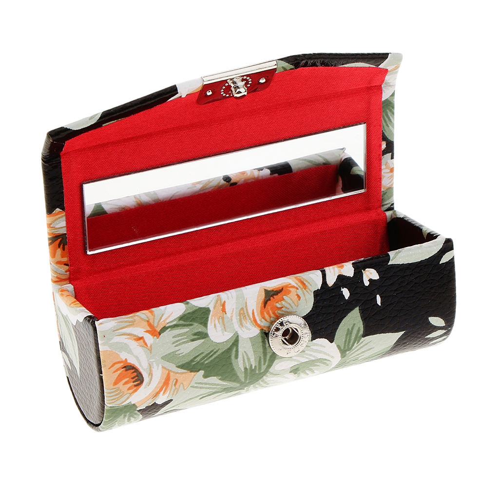 Leather Jewelry Makeup Lipstick Holder Case With Mirror Beauty Flower Pattern