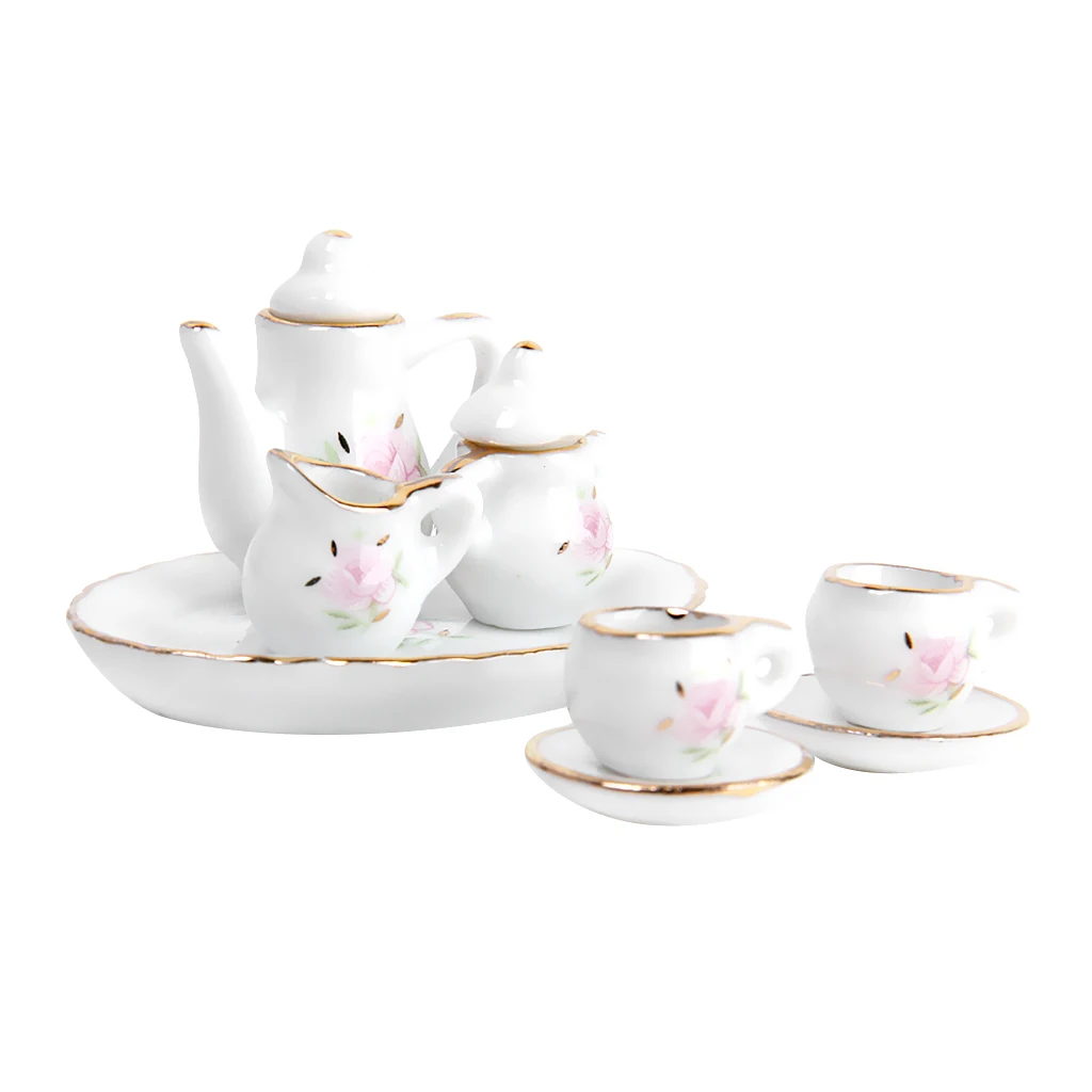 8pcs Dollhouse Miniature Dining Room Accs Porcelain Tea Set Dish Cup Floral